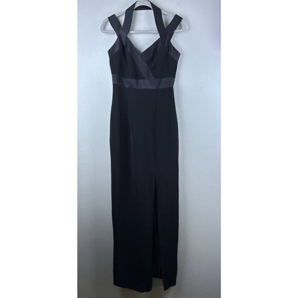 Vintage Cache Sz 4 Black Halter Straps Silky Trim Front Slit Lined Bandage Maxi - Picture 1 of 16